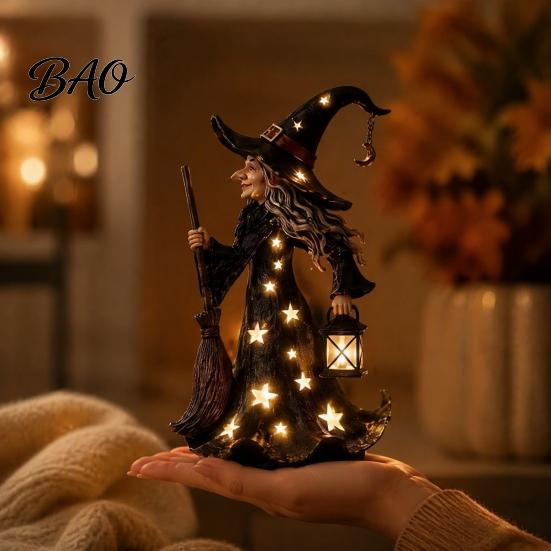 Rustic Festive Desk Accessory Halloween Witch Figurine with Star Light, Resin Tabletop Nightlight Lantern, Collectible Wizard Hat Broom Statue