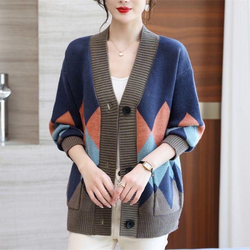 Осенне-зимний вязаный свитер, новый универсальный свитер с цветными блоками для женщин, стильный маленький кардиган, свитер с V-образным вырезом