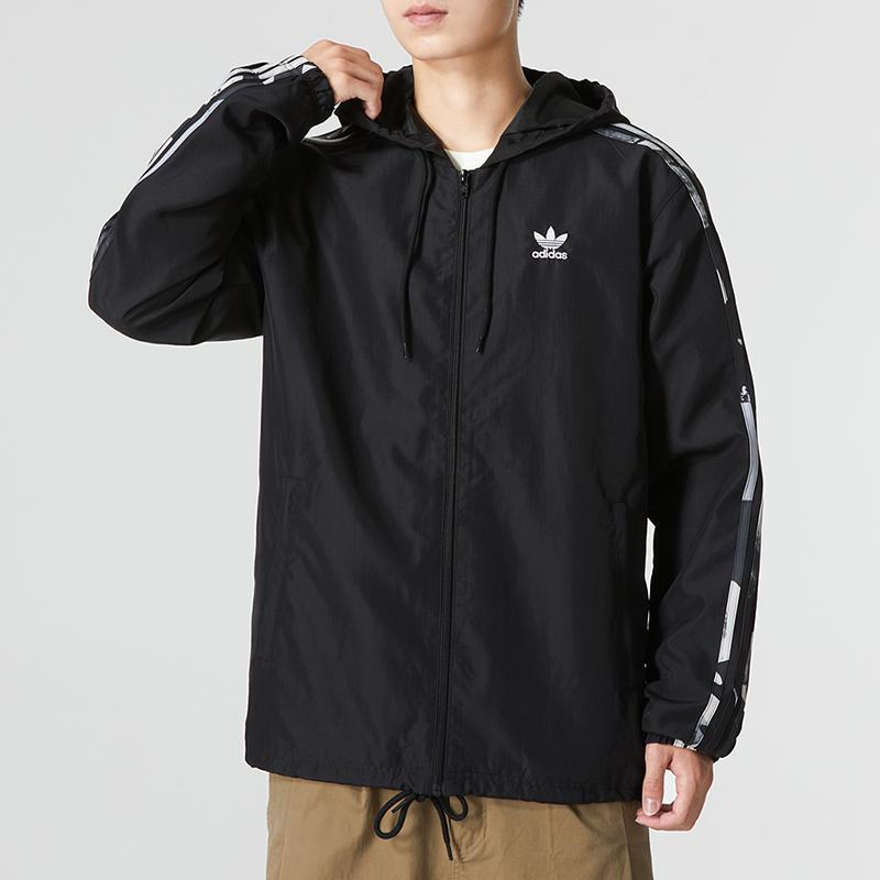 adidas Originals Trefoil Stripe Logo Куртка с капюшоном Мужская верхняя одежда Черный HK5139