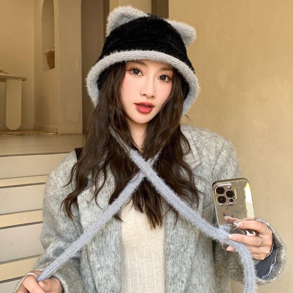 Plush Faux Fur Bucket Hat Korean Style Women Fluffy Hats Fashion Cute Cat Ear Hat Outdoor