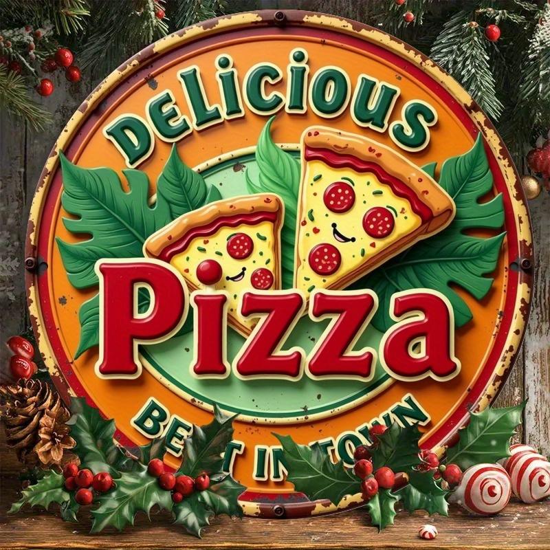 D Flat pc Bohemian Style Metal Wall SignRound Decorative Plaque with Delicious Pizza Best in Town Design Vibrant Colors