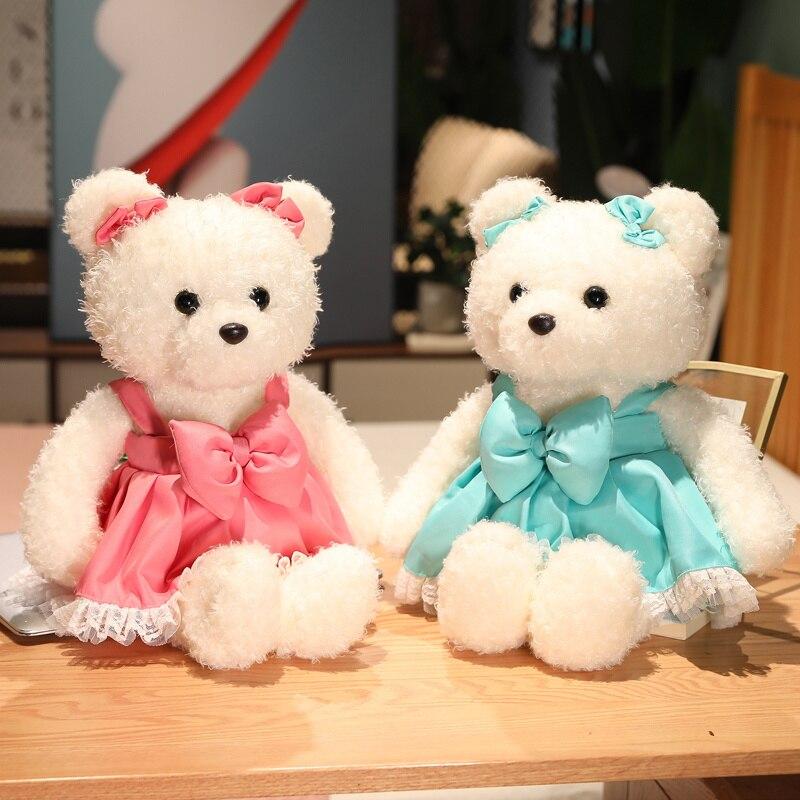 Kawaii Plush Curly Hair Teddy Bear Toys Charming Bear with Bow Suspender Dress Pillow Stuffed Soft Dolls Girls Gifts
