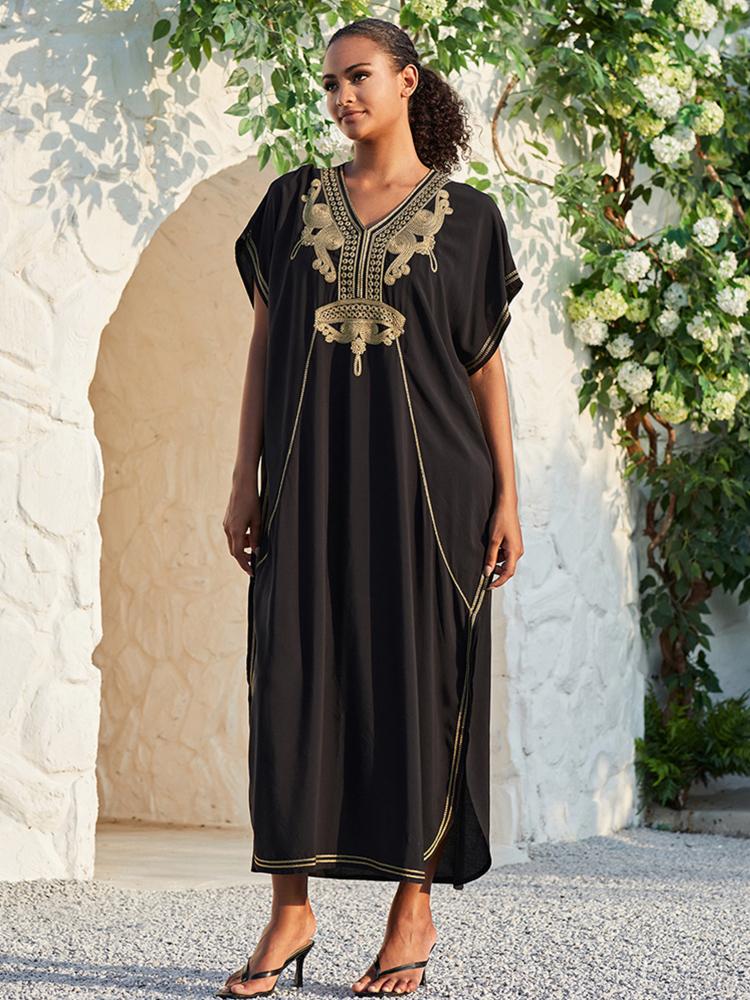 EDOLYNSA Женский кафтан с вышивкой вина, длинное платье, наряд, мягкая одежда в стиле бохо для отдыха, непринужденная пляжная одежда, одежда для отдыха, платье Moo Moo