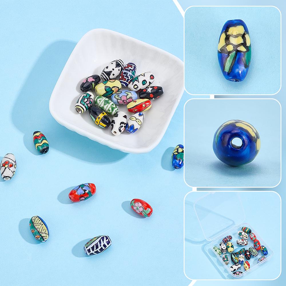 1set 20pcs 20 colors Handmade Printed Porcelain Beads Oval Mixed color 14~16x8~9mm Hole: 1.5~2mm