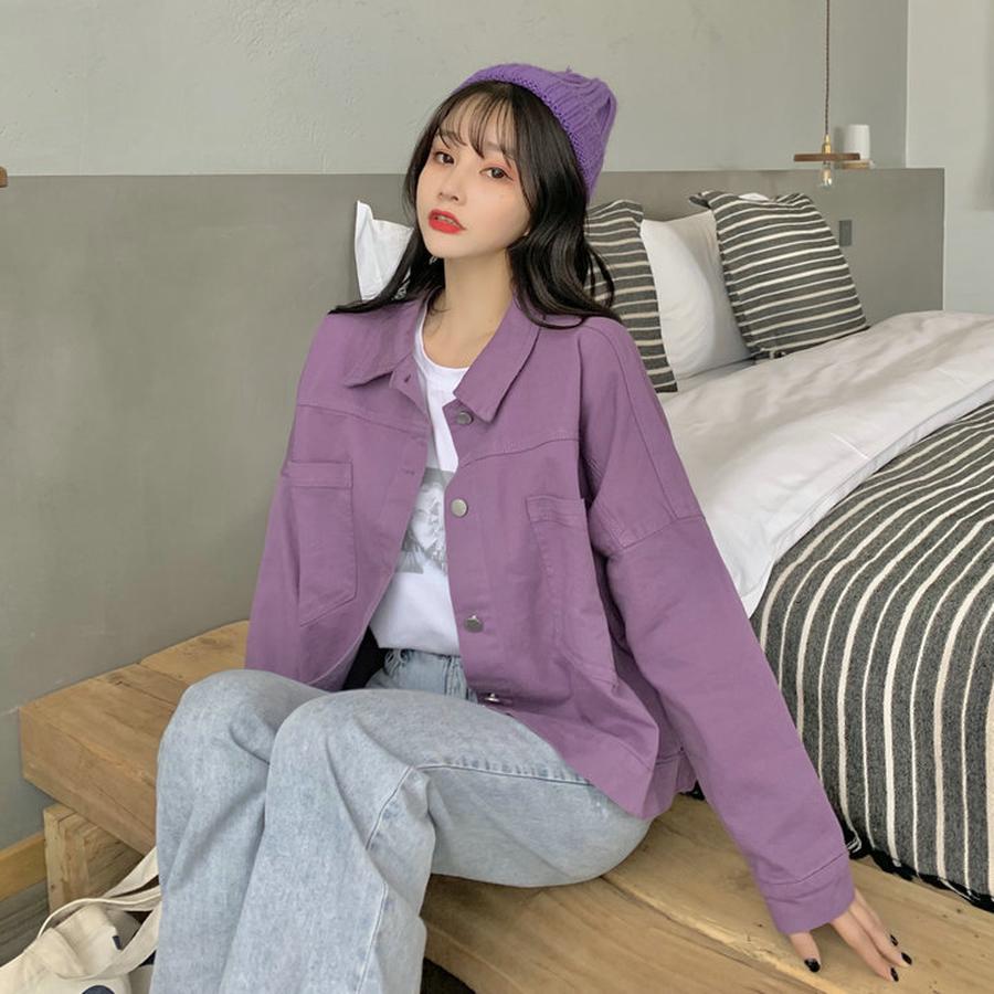 Новая женская короткая джинсовая куртка фиолетового цвета, свободного кроя, винтажная, ретро, повседневная, модная