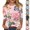 Women's Fashion Casual Three-quarter Sleeve Floral Print Round Neck Pullover Top