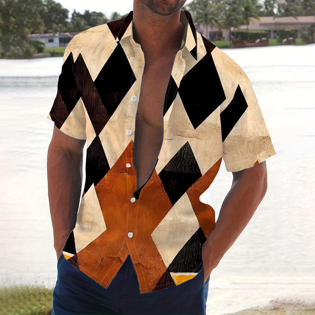 Men's Summer New Loose Print Short Sleeve Shirt Cardigan Beach Shirt