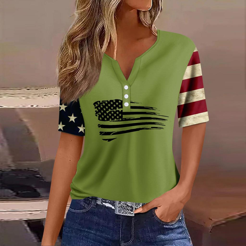 Жен. Футболка Футболка С принтом Пуговицы С короткими рукавами Повседневные Выходные Мода Классический V-образный вырез Обычный Верх