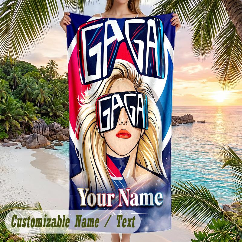 Lady Gaga Beach Towel, Personalized Custom Name Text, Quick Dry Large Absorbent Towel For Beach Pool
