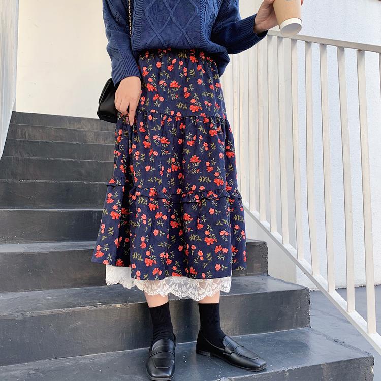 Новая японская женская юбка-миди Mori Girl с высокой талией, темно-синяя, коричневая юбка с цветочным принтом и кружевными оборками, винтажная элегантная вельветовая юбка
