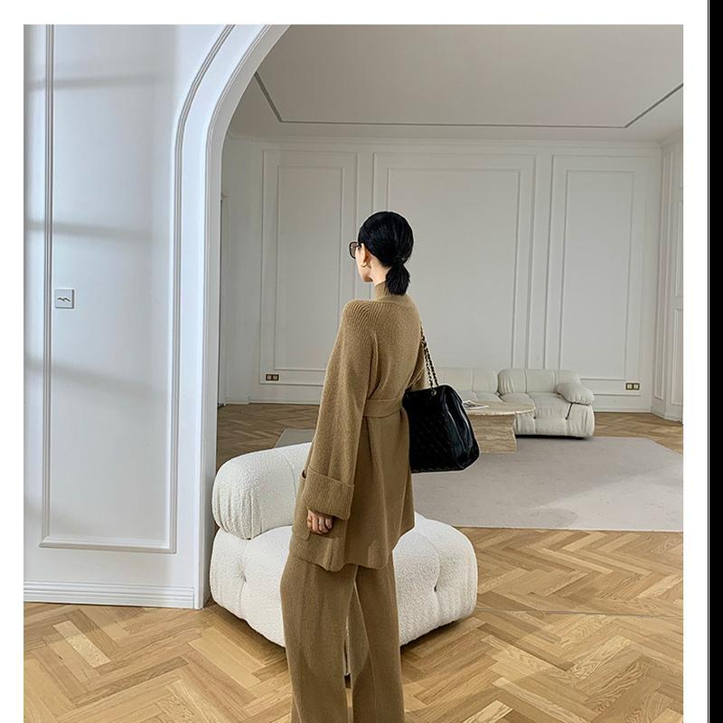 Женский весенне-осенний и зимний повседневный комплект из трикотажных брюк, однотонное утепленное пальто + широкие брюки, комплект из трех предметов