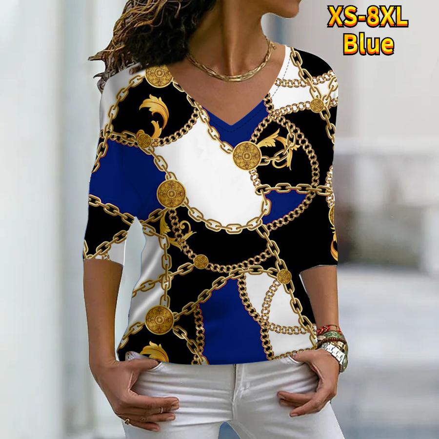 Женские осенние футболки с длинными рукавами с цветочным принтом и золотой цепочкой, свободные футболки с v-образным вырезом, большие размеры, топы, удобная блузка