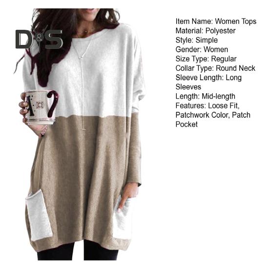 Женские топы с круглым вырезом, длинным рукавом, цветные блоки, пуловеры, топы с карманами, свободный крой, рубашка средней длины, повседневная одежда