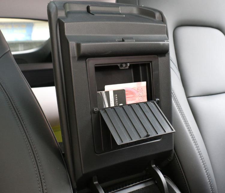 Tesla Model Y Hidden Press Flip-Lid Storage Box with Built-In Compartment for Center Console Armrest.