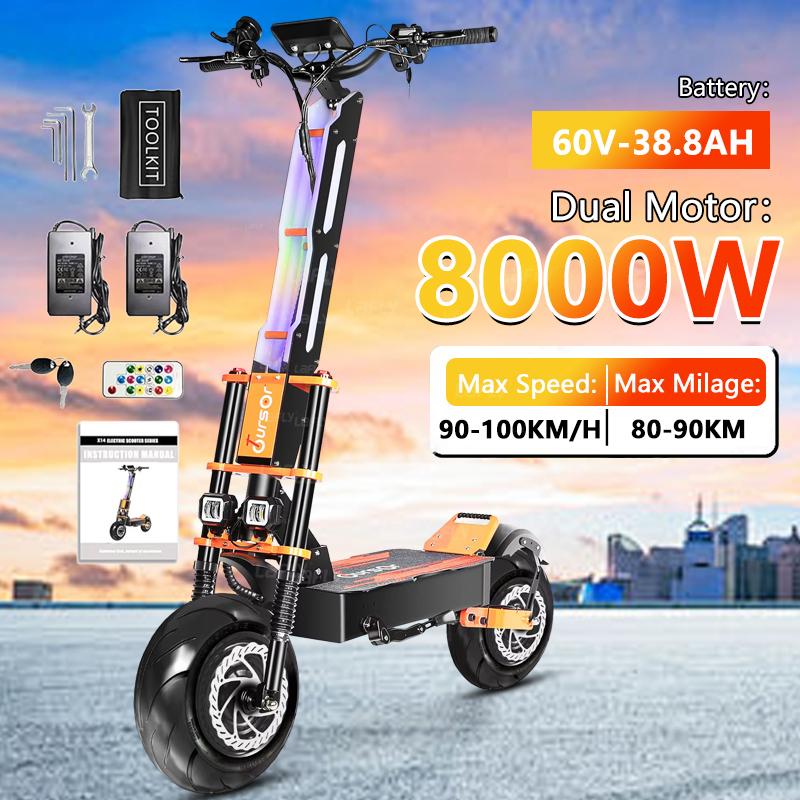 Электросамокат X8 PRO 8000W с двумя моторами 60 В, 14-дюймовыми большими внедорожными шинами, максимальной скоростью 95 км/ч, ЖК-дисплеем, складной электросамокат с сиденьем