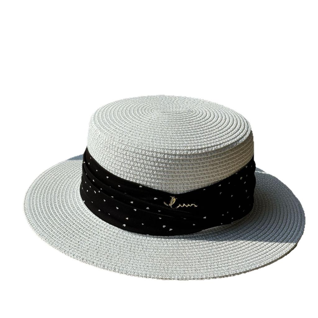 Vintage French-style polka dot flat-top straw hat for women, summer seaside vacation and outing flat-brimmed sunshade straw hat