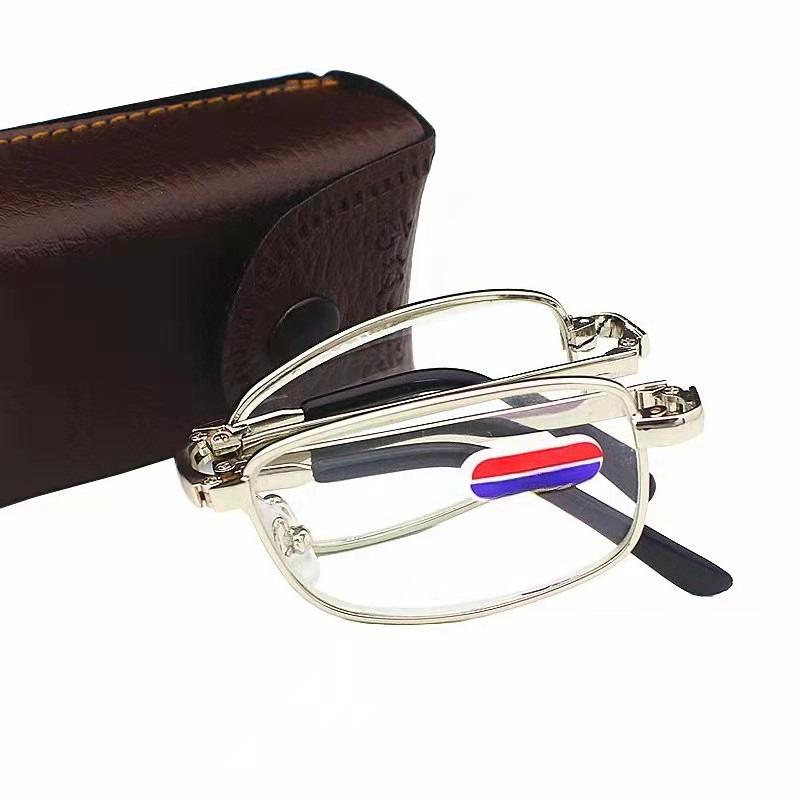 Folding Reading Glasses with Leather Box Women Men Protable Collapsible Metal Eyewear Anti-blue Light Diopter Glasses