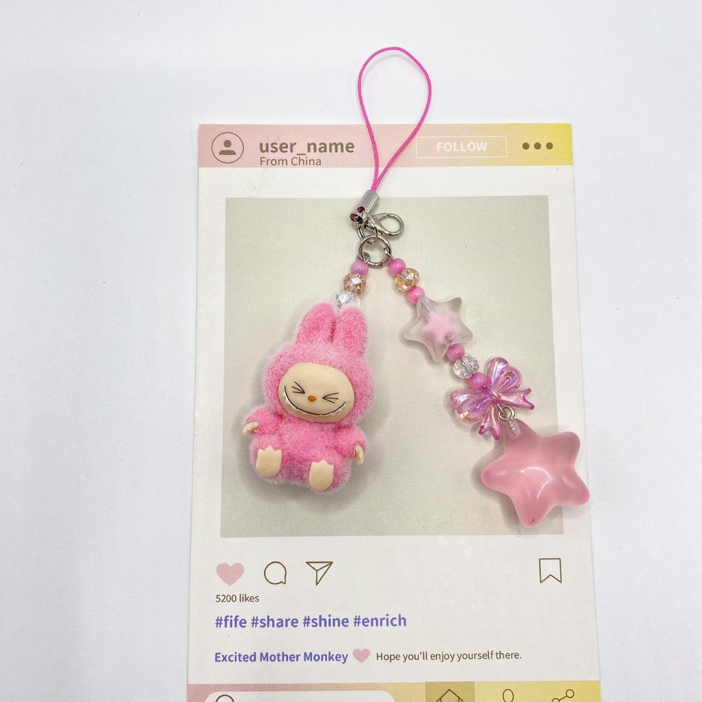 Flocked Labu Labubu Mini Keychain: Cute Grain Stroller Bag & Phone Pendant Ornament