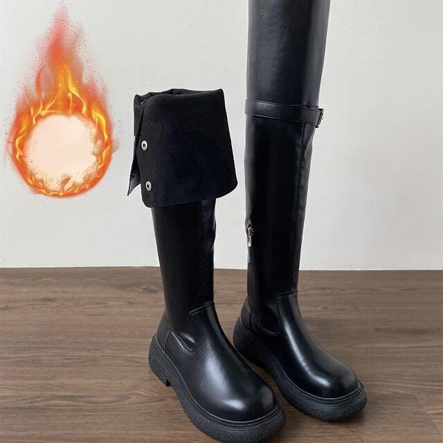 Зимние женские сапоги выше колена, модные женские элегантные ботильоны без шнуровки на низком каблуке, длинные ботильоны с пряжкой на ремне, женские рыцарские ботильоны
