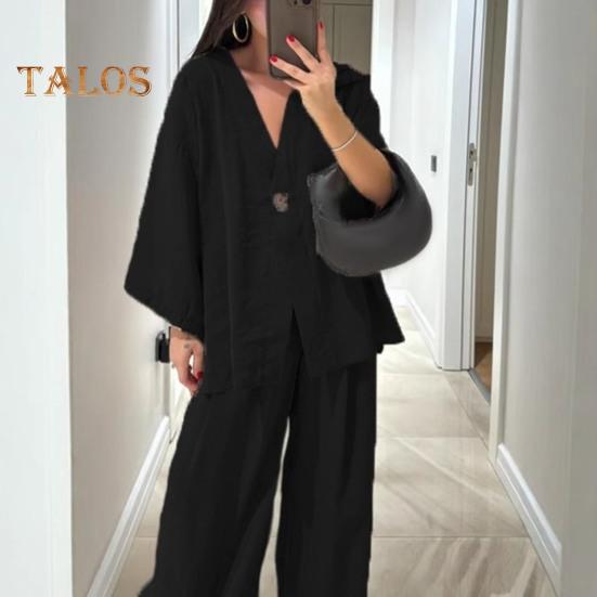 Женский комплект из двух частей из хлопка и льна, топ с длинным рукавом и V-образным вырезом на пуговицах, широкие брюки, повседневная домашняя одежда