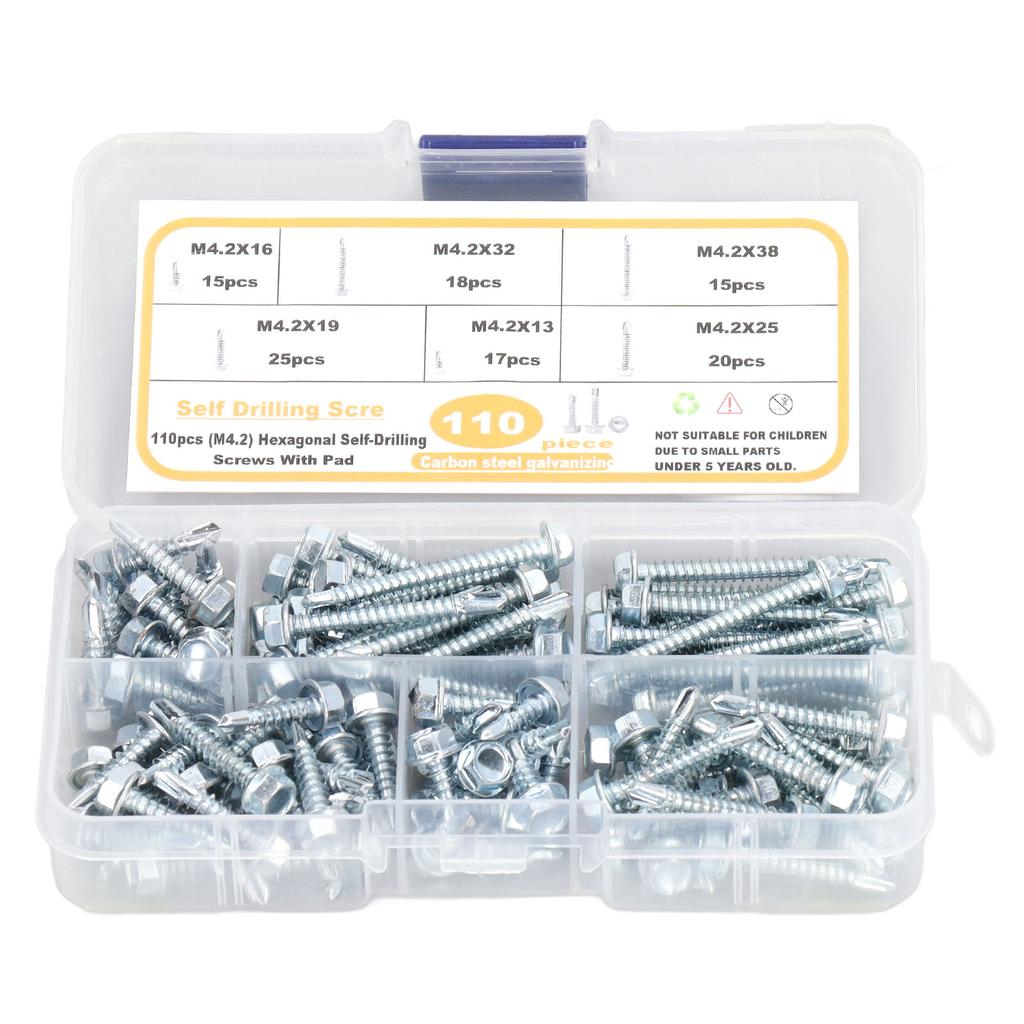 110Pcs Self Drilling Screw Hex Washer Head M4.2 6 Sizes Fastener Assortment Set Kit