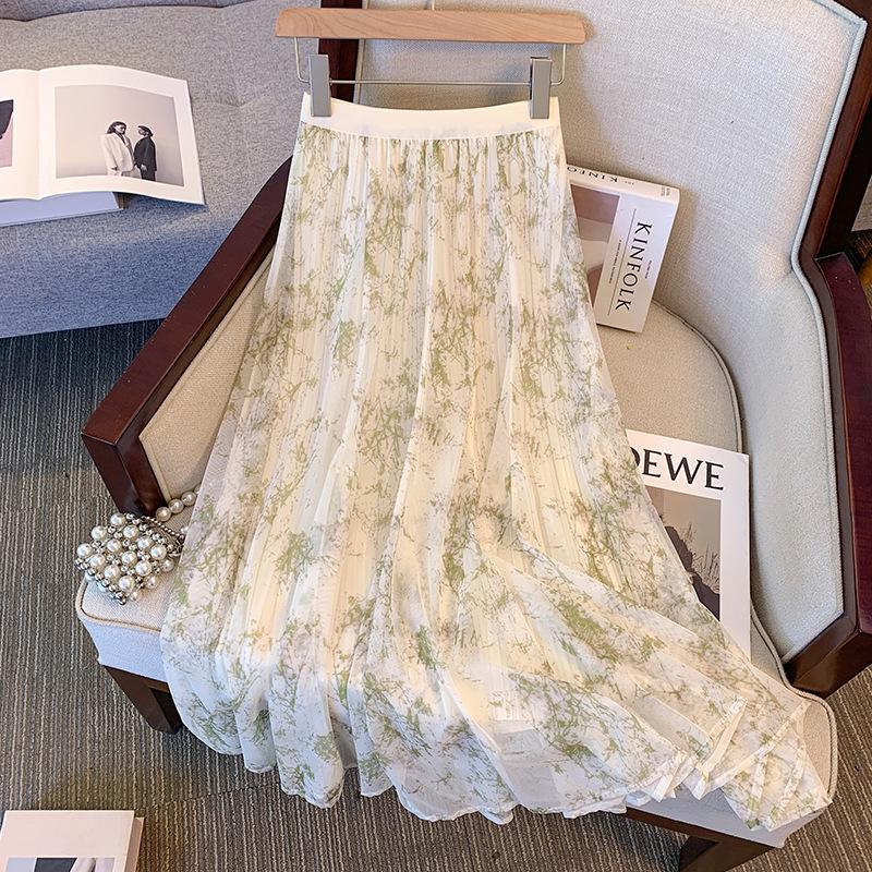 Qooth Spring Summer Chinese Ink Wash Print A Line Skirt Chiffon Printed Vintage Ankle Length Skirt QT2603