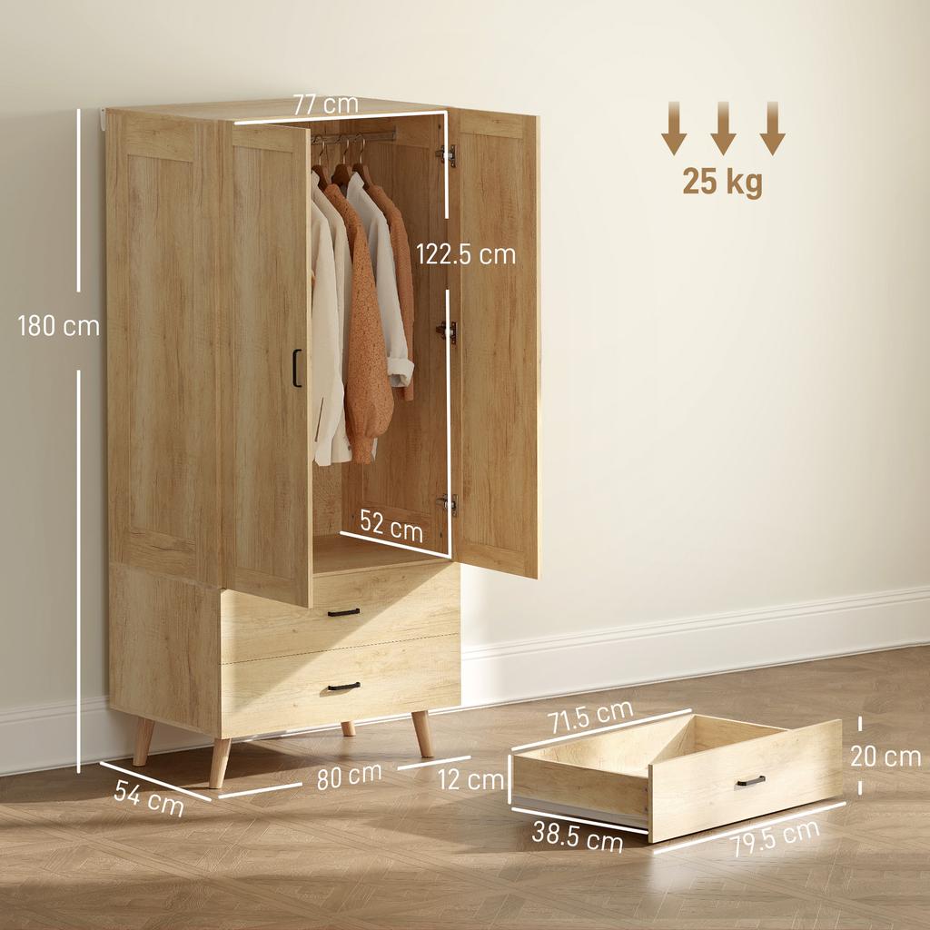2 Door Wardrobe Modern Wardrobe With 2 Drawer And Hanging Rail For Bedroom Natural