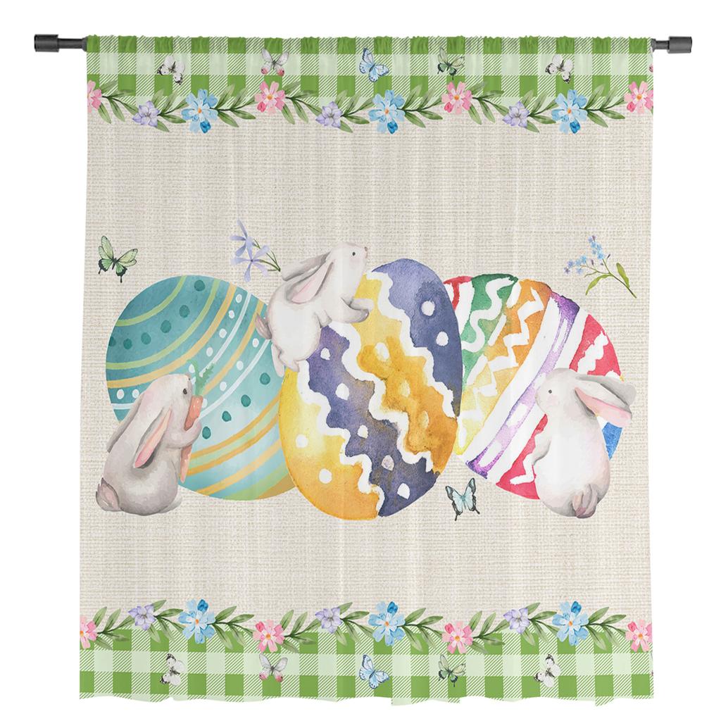 Тюлевые шторы с пасхальным кроликом и яйцом для гостиной, спальни, вуаль, прозрачная занавеска, оконный домашний декор, шторы