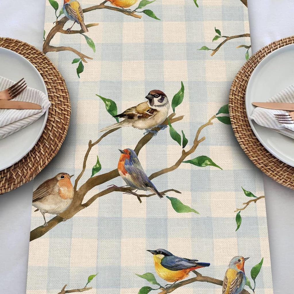 Seliem Spring Birds Tree Branches Table Runner, Buffalo Plaid Check Bluebird Robin Goldfinch Chickadee Home Kitchen Dining Decor, Summer Seasonal