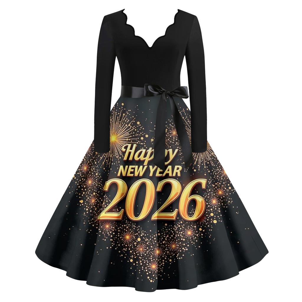 Женское повседневное модное платье винтажного стиля с V-образным вырезом и новогодним принтом