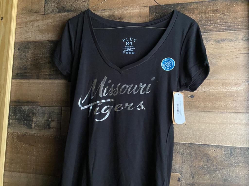 Missouri Tigers Shirt Womens Medium Liquid Silver NEW V-Neck USA Made Mizzou Tee