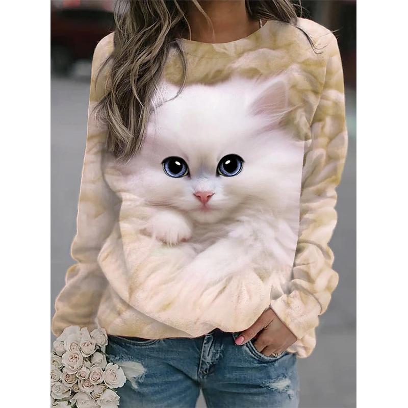 New Cute Cat 3D Printed Women's Fashionable Round Neck Long Sleeved T-shirt