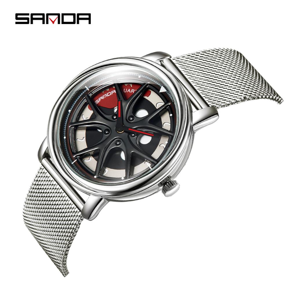 SANDA Top Men Quartz Watches Sports Car Watch Waterproof Sport 360℃ Rotating Rim Hub Wheel Wristwatch Car Quartz Men's Watches