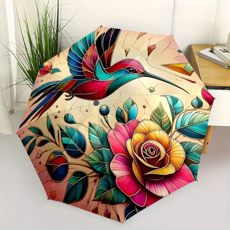 1pc Stained Glass Hummingbird Theme Automatic, Cute Cartoon Pattern, Portable Outdoor Umbrella, Perfect, Holiday Gift for fans.A082