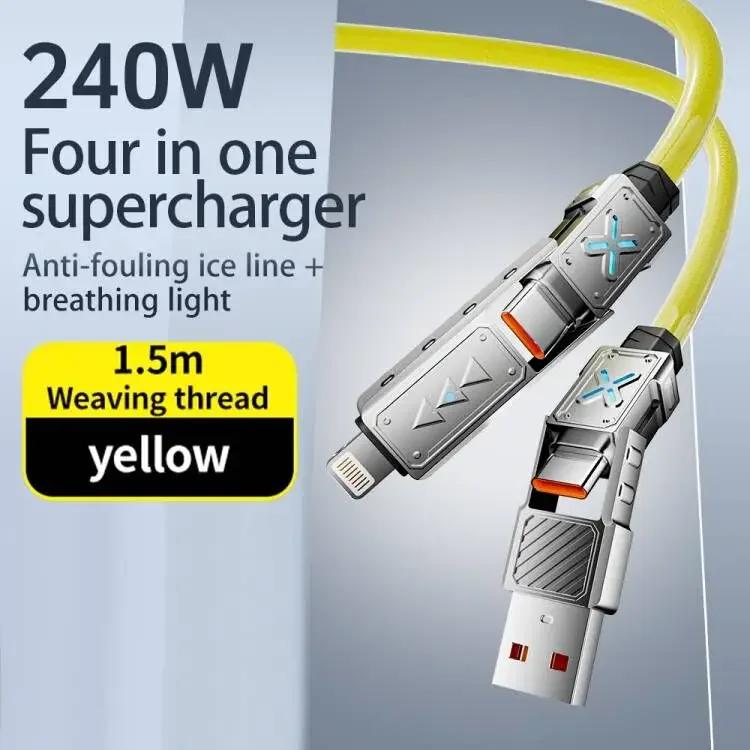 Сверхбыстрый кабель для передачи данных с зарядкой 4-в-1 240 Вт, кабель USB-C — Type-C из цинкового сплава для iPhone, Samsung, Huawei, Xiaomi, многопортовый, многократный