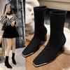 Осень новые тонкие модные сапоги женские 2025 замшевые короткие сапоги женские толстые квадратные каблуки средней высоты эластичные носки сапоги сапоги на высоком каблуке