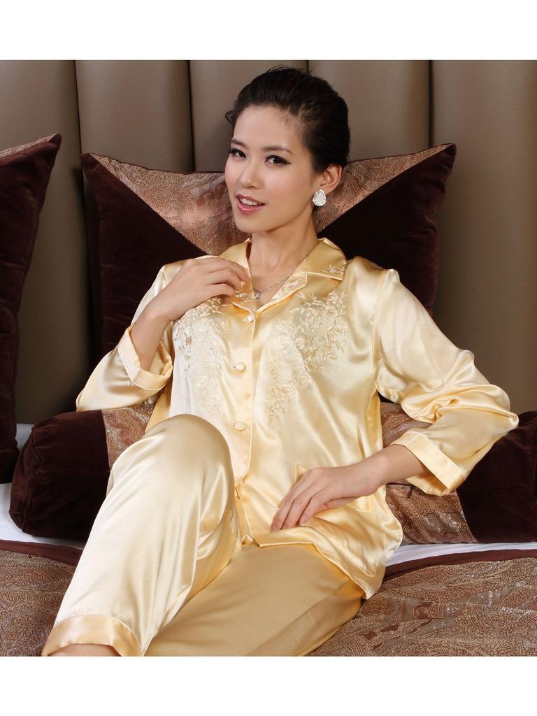 Silk Long Open Floral Yellow [Yumekairou] Women's Pajamas, Sleeves, Front, 100% Silk, Embroidery, M,