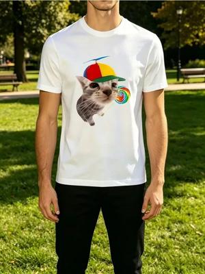 Unisexs Tee Cute Cat Propeller Hat Rainbow Lollipop Art Print Short Sleeve Male Streetwear Summer Outdoor Daily Casual Basic Wear