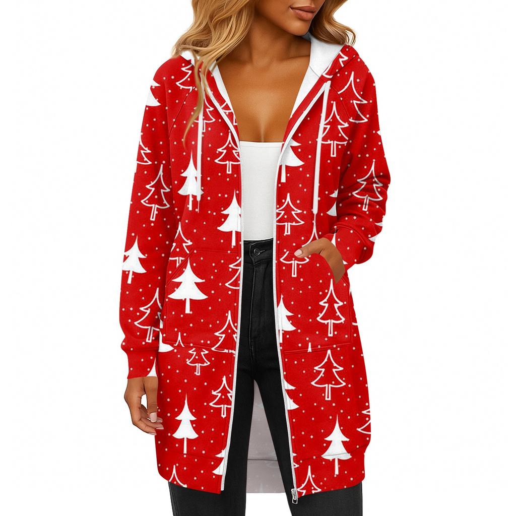 Women's Fashionable Christmas Printed Long Sleeved Drawstring Hooded Zipper Pocket Long Casual Sweatshirt Jacket