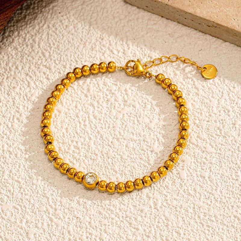 SA Jewelry Trendy 18K Gold Plated Stainless Steel Beaded Bracelet Heart Zircon Charm Adjustable Extension Chain Waterproof