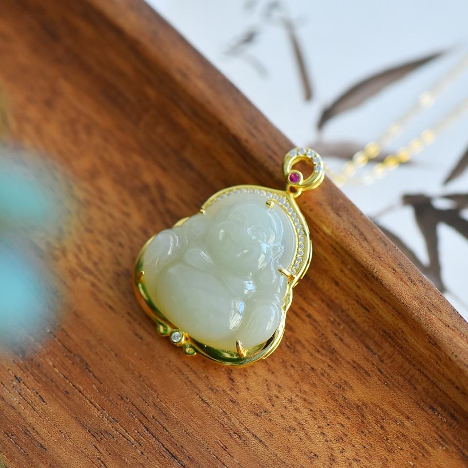 Natural Hotan Jade S925 silver inlaid blue white jade big belly Maitreya Buddha pendant necklace for women with certificate