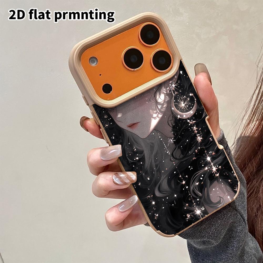Phone Case: 2D flat lambskin suitable for iPhone 18, 17, 16, 15, 14, 13 Pro film protection case,star and moon girl, Christmas and Halloween gift