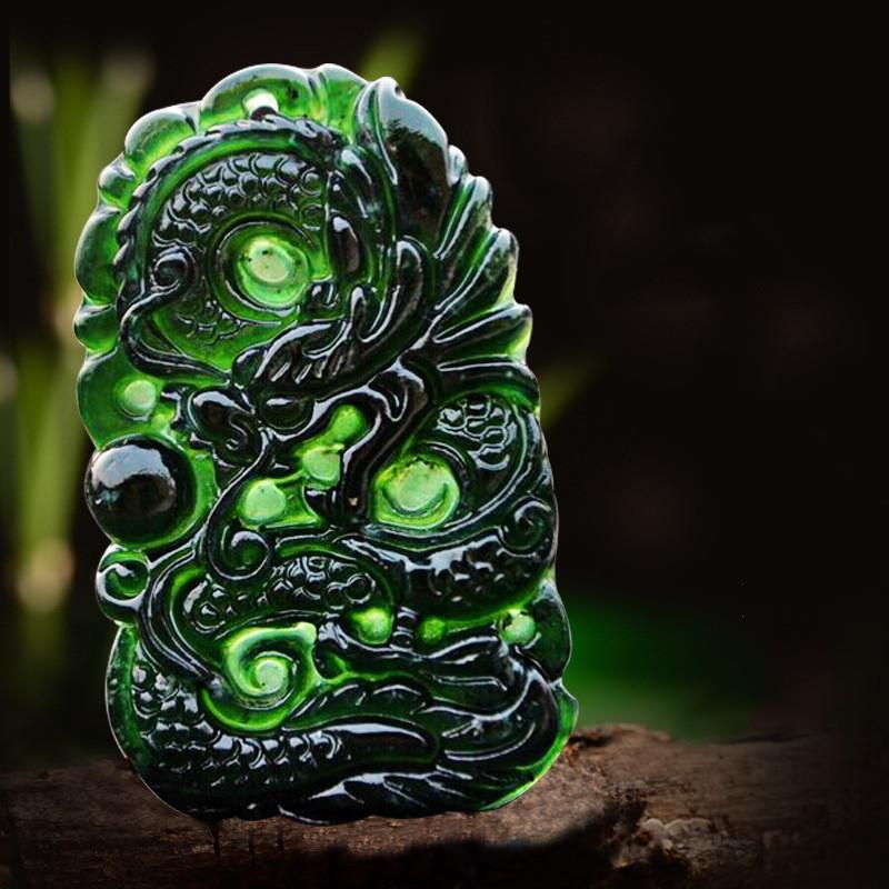 Chinese Natural Green Jade Dragon Pendant Necklace Charm Jewellery Fashion Accessories Hand-Carved Luck Amulet Gifts