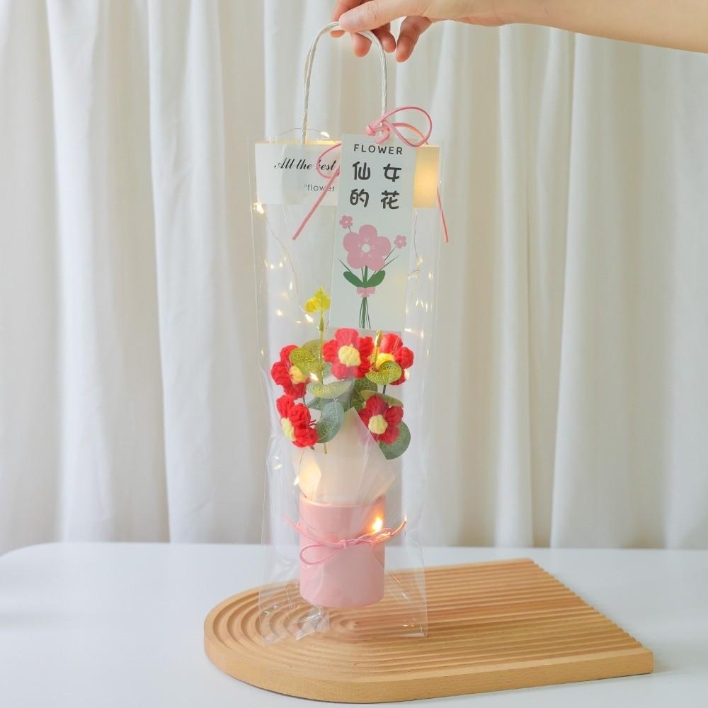 Exquisite Handmade Hand Knitted Flowers With Light String Bucket Bouquet  Home Decoration