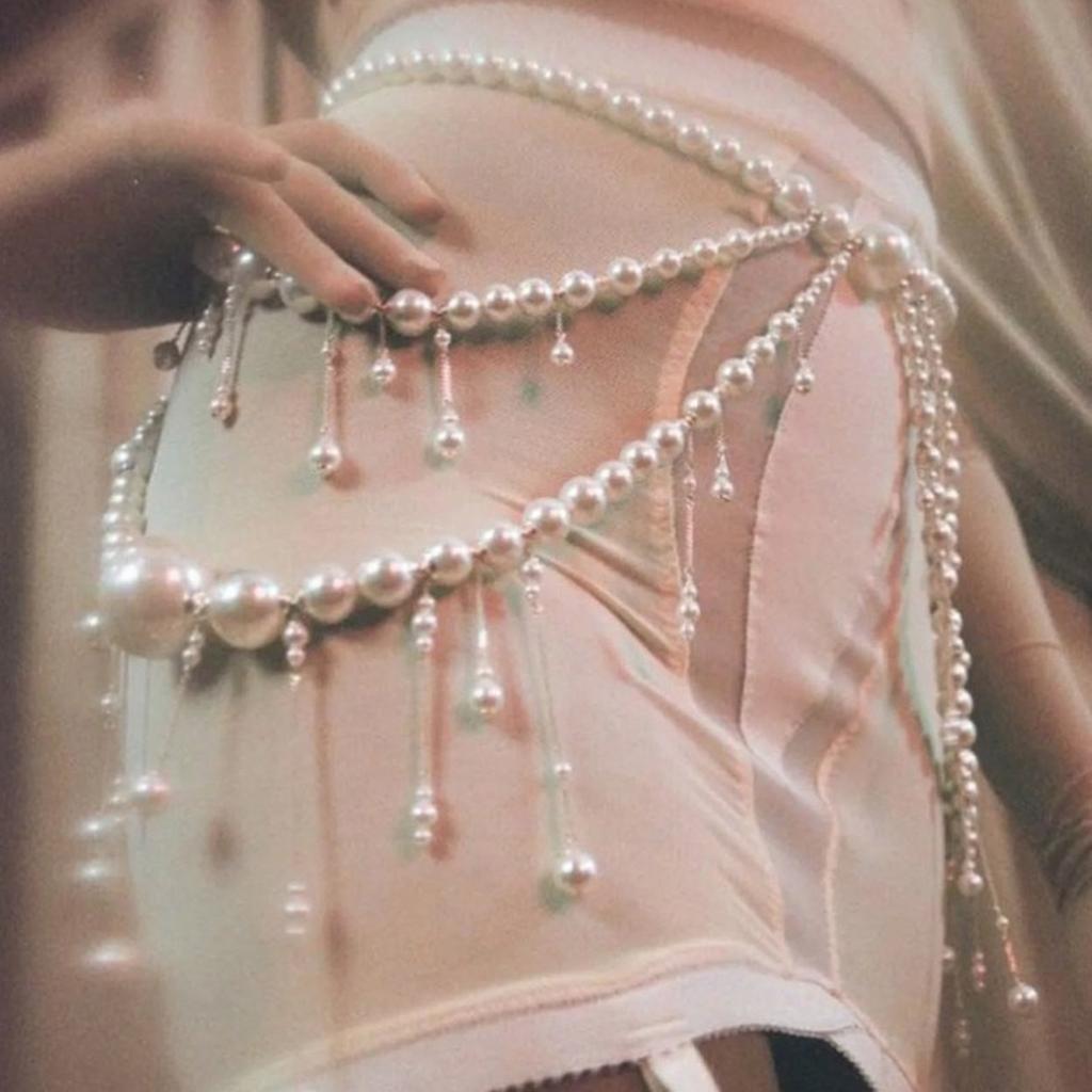 Multilayer Long Imitation Pearls Waist Chain Belt with Tassel Women Elegant Body Chain Accessory for Dresses and Sweater