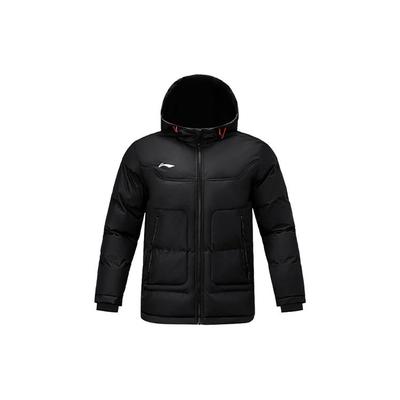 Li Ning Футбольная серия Логотип Водонепроницаемая теплая хлопковая куртка с капюшоном Зимняя мужская куртка черного цвета AFMR467-1