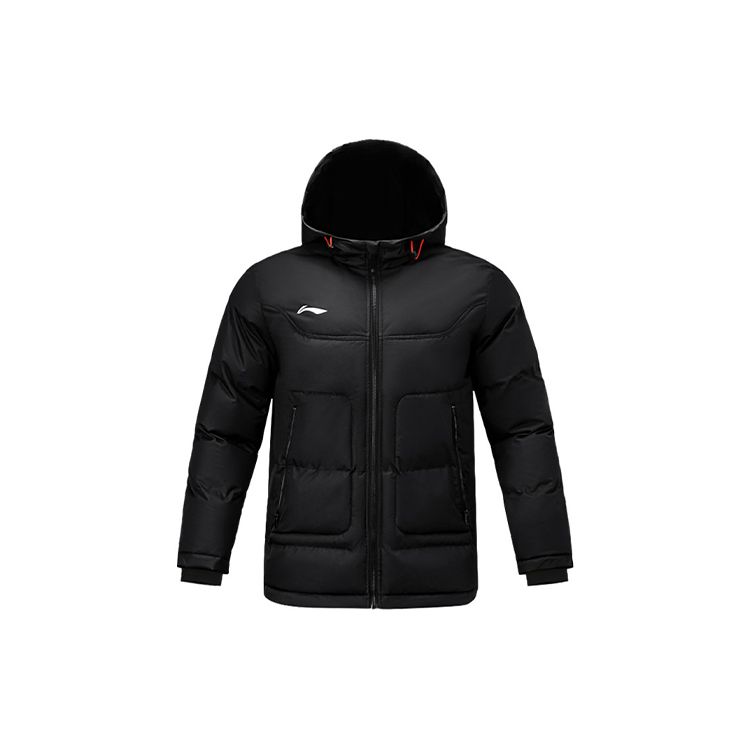 Li Ning Футбольная серия Логотип Водонепроницаемая теплая хлопковая куртка с капюшоном Зимняя мужская куртка черного цвета AFMR467-1