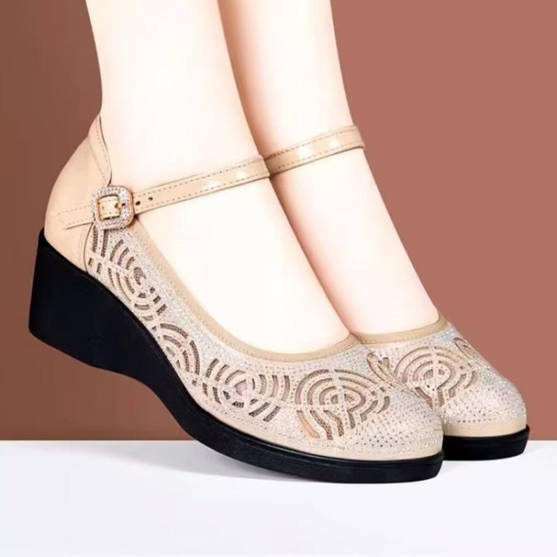 Summer Popular Comfortable Wedge Heel Women's Shoes Soft Leather Hollow Mesh Middle-aged and Elderly Mother Shoes Soft Sole Comfortable Bag Head