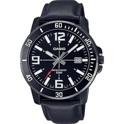 Casio MTP-VD01BL-1BV Мужские Enticer Черное PVD Кожаный Ремешок Черный Циферблат Повседневные Аналоговые Часы