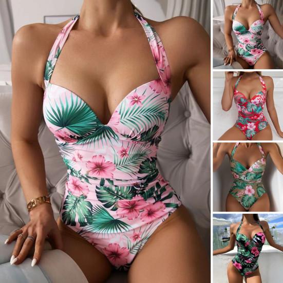 Women Summer Sexy Monokini Halter Backless Floral Print One-piece Swimsuit Quick Drying